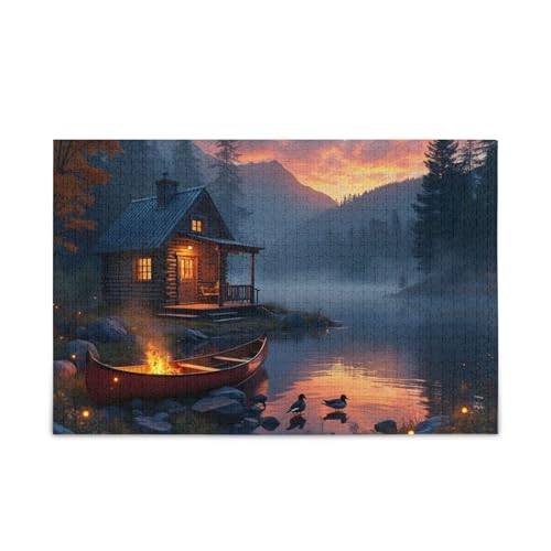 Cozy Lake Cabin Brown Puzzle Puzzle für Erwachsene, Familien, Fertige Größe 74,9 x 50 cm von ODAWA