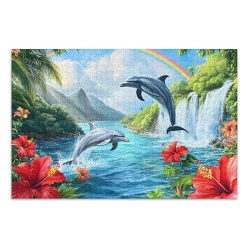 Delfin-blaues Puzzle-Spiel, Wandkunst, Spaß, Familienaktivität, fertige Größe 74,9 x 50 cm von ODAWA