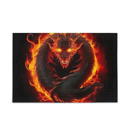 Feuriger Drache, schwarzes Puzzle, DIY-Geschenk, Puzzle mit Netz-Aufbewahrungstasche, lustig, fertige Größe 74,9 x 50 cm von ODAWA