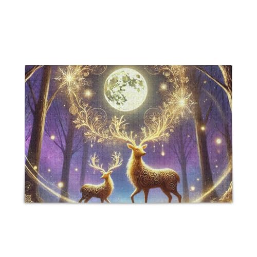 Goldene Hirsche Puzzle DIY Geschenk Puzzle mit Netz-Aufbewahrungstasche für Erwachsene, Familien, Fertige Größe 74,9 x 50 cm von ODAWA