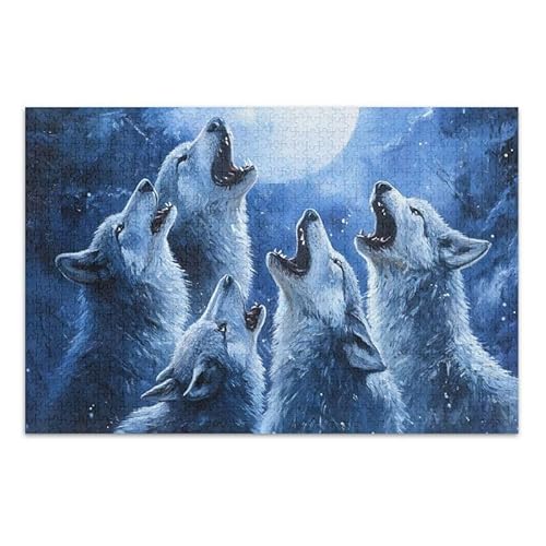 Heulende Wölfe Mond-Puzzle-Spiel, Wandkunst, Spaß, Familienaktivität, fertige Größe 74,9 x 50 cm von ODAWA