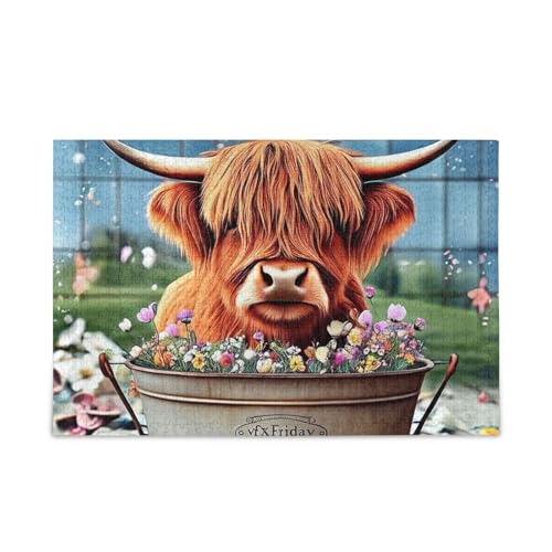 Highland Cow Tub Flowers Puzzle 500 Teile Puzzle Spiel Home Wall Artwork Fun Family Activity von ODAWA