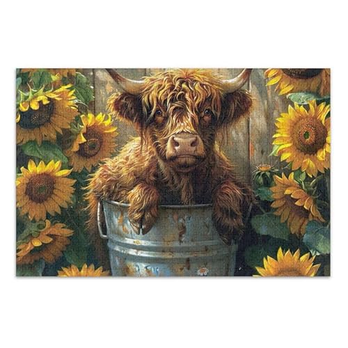 Highlands Kuh Sonnenblumen, Puzzle-Spiel, Wandkunst, Spaß, Familienaktivität, fertige Größe 74,9 x 50 cm von ODAWA