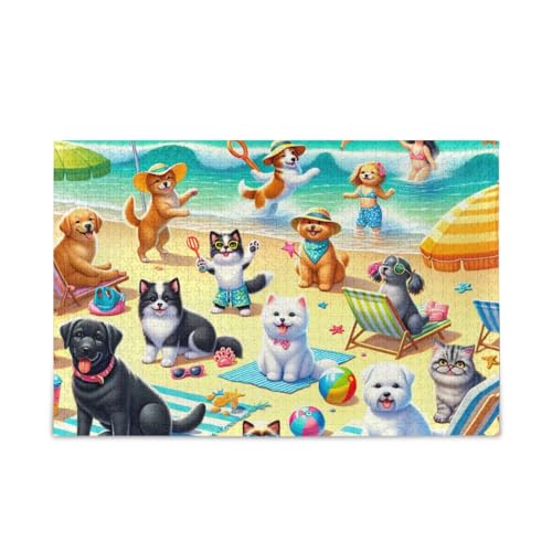 ODAWA Hunde und Katzen am Strand Puzzle 500 Teile Puzzle DIY Geschenk Puzzle mit Netz-Aufbewahrungstasche für Erwachsene Teenager von ODAWA