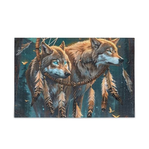 Mystic Wolf Teal Puzzle DIY Geschenk Jigsaw Puzzles mit Netz-Aufbewahrungstasche für Erwachsene Familien, Fertige Größe 74,9 x 50 cm von ODAWA