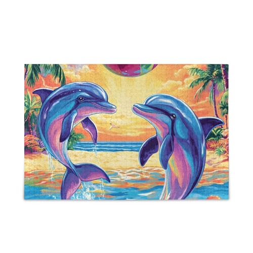 Niedliche Delfine Palmen Puzzle Puzzle für Erwachsene Familien Fertige Größe 74,9 x 50 cm von ODAWA