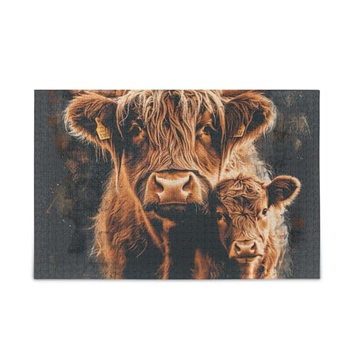 Niedliche Hochlandkühe braune Puzzles herausforderndes Puzzle-Spiel, lustig, fertige Größe 74,9 x 50 cm von ODAWA