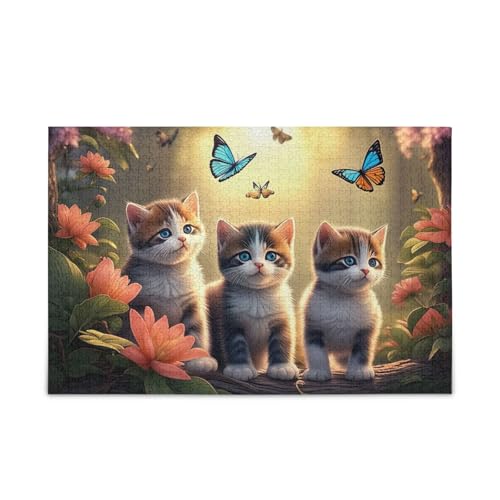 Niedliche Kätzchen, Schmetterlinge, Puzzle, 500-teiliges Puzzle-Spiel, Heimwand-Kunstwerk von ODAWA