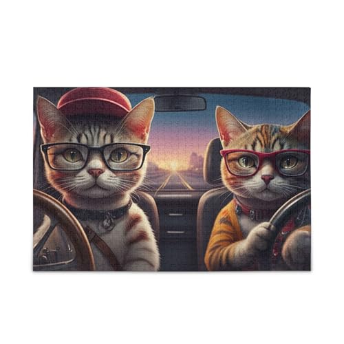 Niedliche Katzen, das Auto fährt, Puzzle-Spiel, Wandkunst, fertige Größe 74,9 x 50 cm von ODAWA