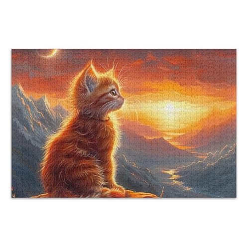 Niedliche Sonnenuntergangskatze, orangefarbenes Puzzle-Spiel, Herausforderung, Puzzle für Erwachsene, fertige Größe 74,9 x 50 cm von ODAWA