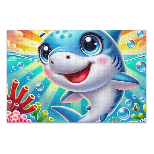 Niedlicher Hai-blauer Puzzle-Spiel, Wandkunstwerk für Erwachsene, Teenager, fertige Größe 74,9 x 50 cm von ODAWA