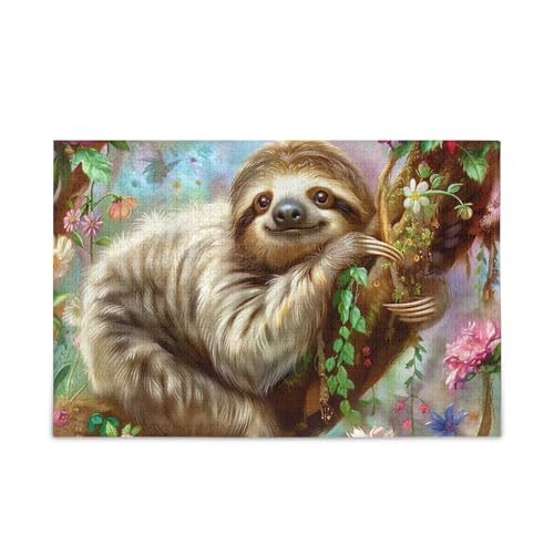 Niedliches Faultier-Puzzle mit Blumenmuster, stabil, 2 mm, Herausforderung für Erwachsene, fertige Größe 74,9 x 50 cm von ODAWA