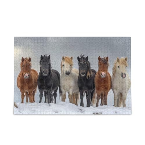 Niedliches Winterpferde-Puzzle, DIY-Geschenk, Puzzle mit Netz-Aufbewahrungstasche, lustige Familienaktivität, fertige Größe 74,9 x 50 cm von ODAWA