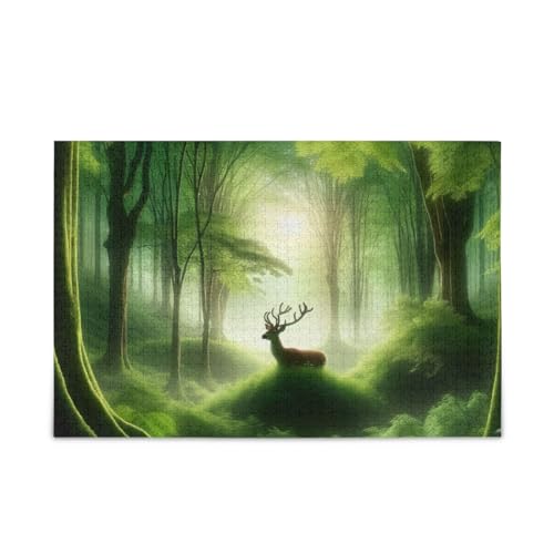 Puzzle mit Hirsch im Foest, für Erwachsene und Jugendliche, fertige Größe 74,9 x 50 cm, Grün von ODAWA