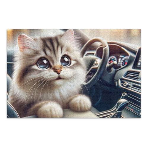 Puzzle mit niedlicher Katze, das Auto fährt, pädagogisches und lernendes Puzzle für Erwachsene und Jugendliche, fertige Größe 74,9 x 50 cm von ODAWA