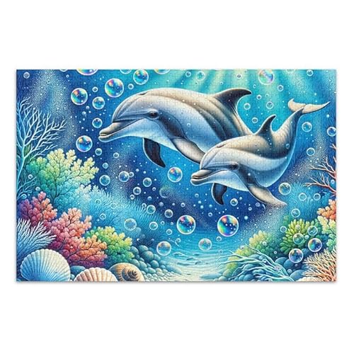 Puzzle mit zwei Delfinen mit Blasen, Puzzle-Spiel, Wandkunst, Herausforderung für Erwachsene, fertige Größe 74,9 x 50 cm von ODAWA