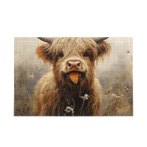 Retro Highland Cow Beige Puzzles Herausforderndes Puzzle-Spiel Lustig, Fertige Größe 74,9 x 50 cm von ODAWA