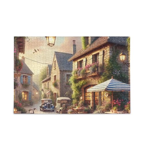 Rustikales Dorfstraßen-Puzzle-Spiel, Wandkunst, Herausforderung für Erwachsene, fertige Größe 74,9 x 50 cm von ODAWA