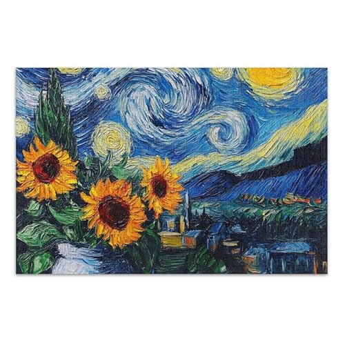 Sternennacht, Sonnenblumen, Puzzle, pädagogisches und lernendes Puzzle, lustige Familienaktivität, fertige Größe 74,9 x 50 cm von ODAWA