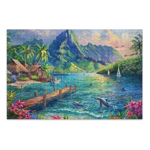 Tropische Stranddelfine, Puzzle-Spiel, Wandkunst, Herausforderung für Erwachsene, fertige Größe 74,9 x 50 cm von ODAWA