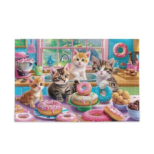 Verspielte Katzen mit Donuts, stabile 2 mm Puzzleteile für Erwachsene, Familien, fertige Größe 74,9 x 50 cm von ODAWA