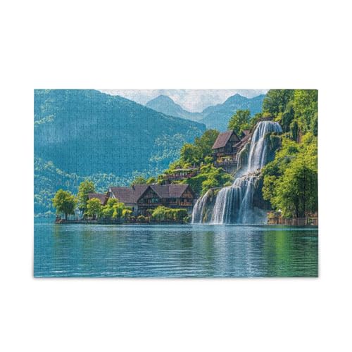 Village Mountain Wasserfall Puzzle Herausforderung Puzzle Spiel Herausforderung Puzzle für Erwachsene, Fertige Größe 74,9 x 50 cm von ODAWA