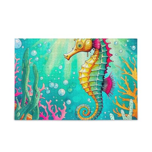 Wasserfarben-Puzzle, Motiv: Seepferdchen, lustige Familienaktivität, fertige Größe 74,9 x 50 cm von ODAWA
