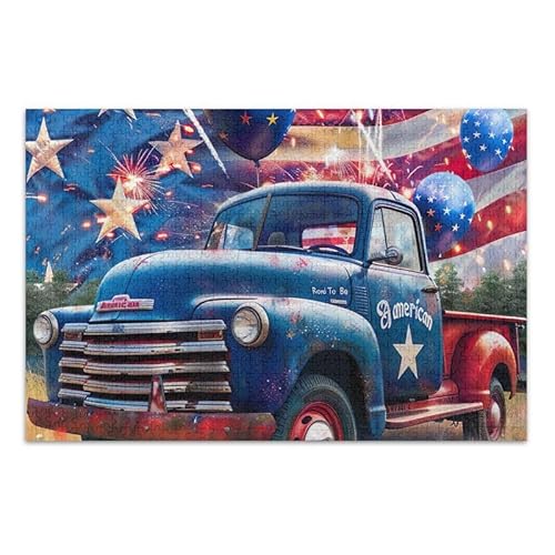 of July Blue Truck Balloons Jigsaw Puzzles Challenging Puzzle Game, Fertige Größe 74,9 x 50 cm von ODAWA