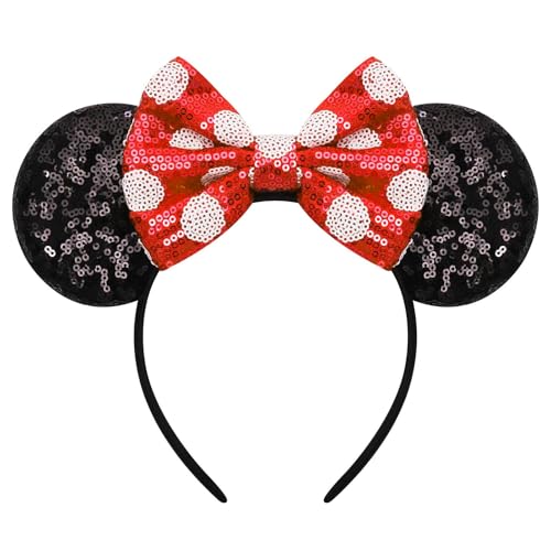 ODOCARE Handgefertigtes Mausohren-Haarband für Damen und Mädchen, gepunktete Schleife, Minnie-Ohren, Kostümzubehör (glänzendes Rot-Weiß) von ODOCARE