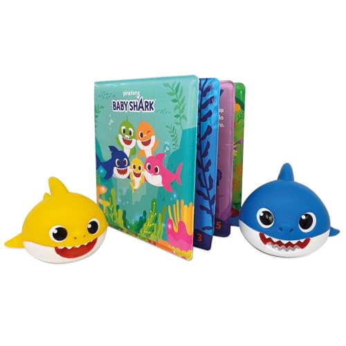 ODS - Baby Shark Babybadewanne mit wasserdichtem Buch (8 Seiten) und 2 schwimmenden Figuren aus PVC, Größe Buch 14 x 14 cm, Altersempfehlung 6m+ von ODS