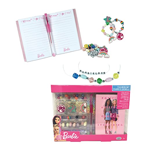 ODS - Barbie-Fashion Schmuckset 1 Mini-Tagebuch mit 60 Seiten Glitzerstift und Anhänger zum Erstellen von Armbändern, 44855 von ODS