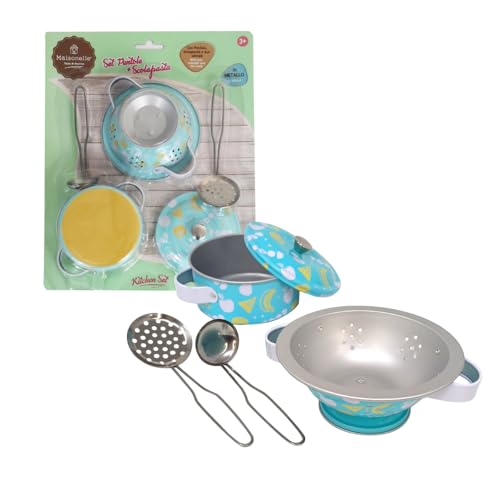 ODS - Maisonelle - Metalltopf-Set, Töpfe mit Sieb und 2 Küchenutensilien, insgesamt 5 Stück, Altersempfehlung ab 3 Jahren ODS - Maisonelle - Metalltopf-Set, Töpfe mit Sieb und 2 Küchenutensilien, insgesamt 5 Stück, Altersempfehlung ab 3 Jahren von ODS