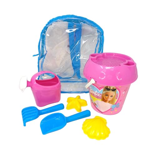 ODS - Sunday - Barbie Rucksack mit Meeresset: Eimer, Ø 18 cm, Sieb, 2 Formen, Gießkanne, Schaufel und Rechen 25 cm, Strandspiel für Kinder von ODS