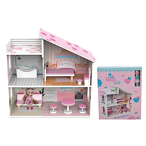 Trendy Teens Puppenhaus aus Holz, 48 x 23,8 x 48 cm, zweistufig, mit Zubehör und Mini-Fashion-Puppe, 16 cm von ODS