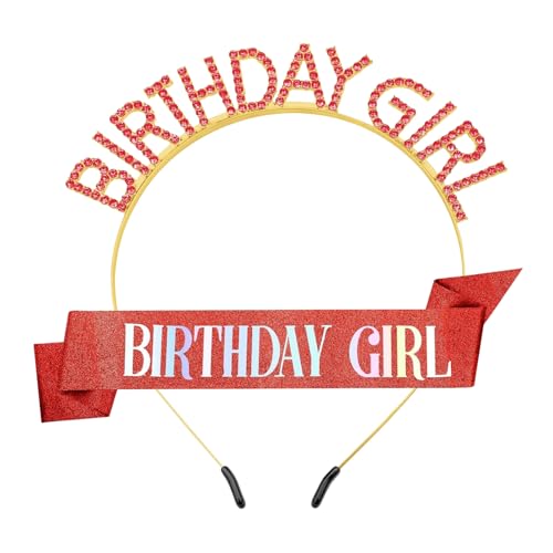 OEEYYT Geburtstag Girl Schärpe Und Geburtstag Tiara, Geburtstagsdeko Kronen Mädchen Stirnband Partydeko Geburtstag, Birthday Girl (Rot gold) von OEEYYT