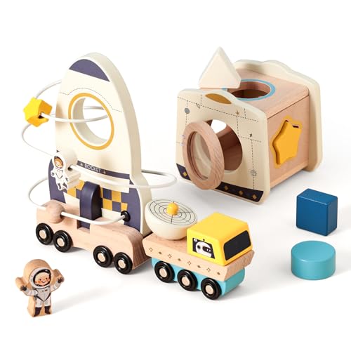 OESSUF Motorikwürfel Babyspielzeug Holz Weltraum Magnetisches Fahrzeug 3-teiliges Set, Montessori-Spielzeug für Kinder ab 1 Jahr, Frühkindliches Lernspielzeug, Geburtstagsgeschenke für Jungen von OESSUF