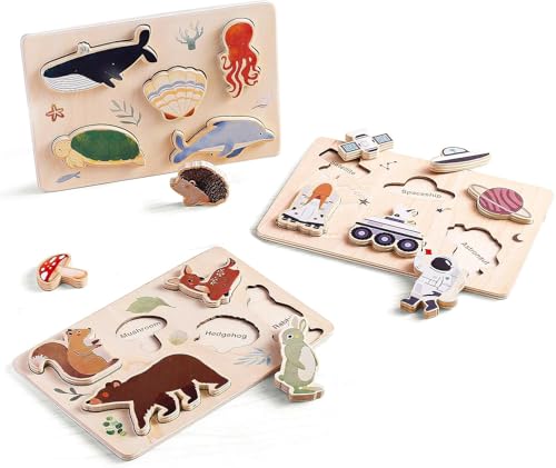 OESSUF 3er-Pack Holzpuzzles für Kleinkinder, Holzpuzzle für Kinder, Steckpuzzles, robust und ohne Stifte, Sortierspiel Lernspielzeug (Weltraum, Ozean, Wald) von OESSUF