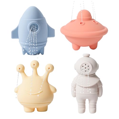 OESSUF 4 Stück Baby Badespielzeug Silikon Raum wasserspielzeug Kinder Badewannenspielzeug Pool Spielzeug Spritzen Schwimmend Badespielzeug ab 1 2 3 4 5 Jahr (Astronaut, Rakete, Alien, UFO) von OESSUF