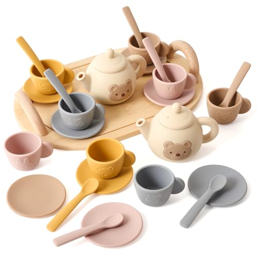 OESSUF Bär Teeservice Kinder Silikon Tee Set für Kinder mit Holz Tablett Küchenzubehör Teeset 14-teiliges, Teeparty Rollenspiele Kinderspielzeug, Geburtstag Geschenk für Mädchen Jungen von 1 2 3 OESSUF Bär Teeservice Kinder Silikon Tee Set für Kinder mit Holz Tablett Küchenzubehör Teeset 14-teiliges, Teeparty Rollenspiele Kinderspielzeug, Geburtstag Geschenk für Mädchen Jungen von 1 2 3 von OESSUF