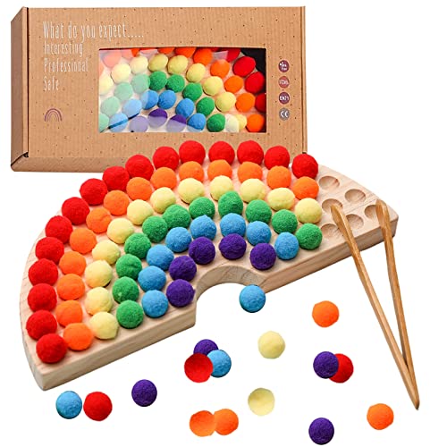 OESSUF Holz Peg Board Perlen Spiel Holz Clip Perlen Spiel Regenbogen Ball Elimination Farbklassifizierung Feinmotorik Montessori Pädagogisches Spielzeug (Regenbogenfarbe) von OESSUF