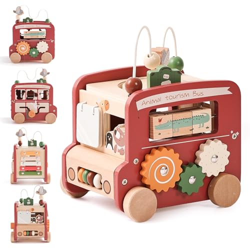 OESSUF Motorikwürfel Baby Montessori Spielzeug ab 1 Jahr, 9 in 1 Bus Motorikspielzeug für 12+ Monate Baby Holzspielzeug Aktivitätswürfel kinderspielzeug ab 1 Mädchen und Jungen Geschenk(Rot) von OESSUF