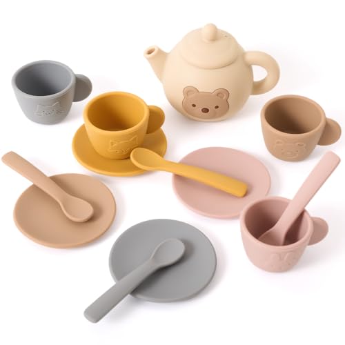 OESSUF Bär Teeservice Kinder Silikon Tee Set für Kinder Küchenzubehör Teeset 13-teiliges, Teeparty Rollenspiele Kinderspielzeug, Geburtstag Geschenk für Mädchen Jungen von 1 2 3 von OESSUF