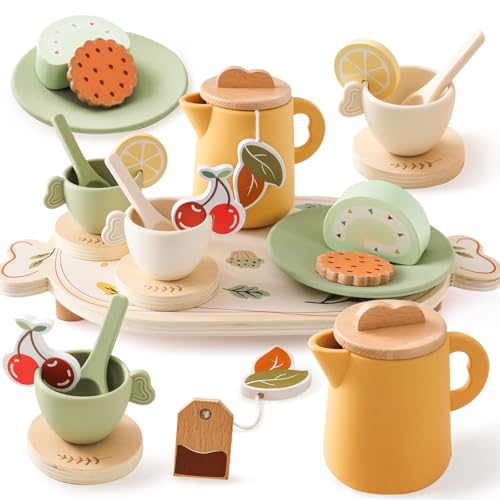 OESSUF Teeservice Kinder Silikon Holz Kinderküche 14-teiliges, Teeparty Rollenspiele Spielküche zubehör, Teeset Kinderspielzeug, Küchenzubehör Holzspielzeug,Geschenk für Mädchen Jungen OESSUF Teeservice Kinder Silikon Holz Kinderküche 14-teiliges, Teeparty Rollenspiele Spielküche zubehör, Teeset Kinderspielzeug, Küchenzubehör Holzspielzeug,Geschenk für Mädchen Jungen von OESSUF