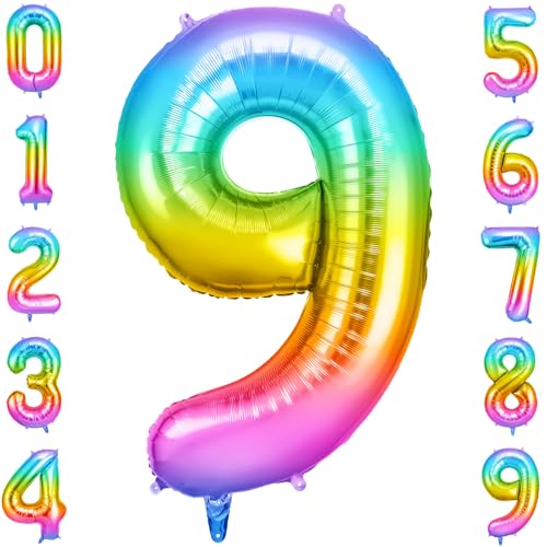 OFFCUP Geburtstag Zahlen Luftballon Mehrfarbig, Geburtstagsdeko Ballons Zahl 9, Riesige Folienballon in 40" Helium Ballons für Männer Frauen Geburtstagsparty Deko, Jubiläum 9 Jahre Deko von OFFCUP