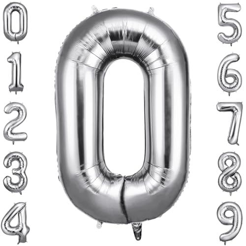 OFFCUP Geburtstag Zahlen Luftballon Silber, Geburtstagsdeko Ballons Zahl 0, Riesige Folienballon in 40" Helium Ballons für Männer Frauen Geburtstagsparty Deko, Jubiläum 0 Jahre Deko von OFFCUP