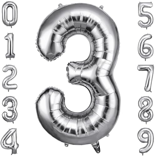 OFFCUP Geburtstag Zahlen Luftballon Silber, Geburtstagsdeko Ballons Zahl 3, Riesige Folienballon in 40" Helium Ballons für Männer Frauen Geburtstagsparty Deko, Jubiläum 3 Jahre Deko von OFFCUP