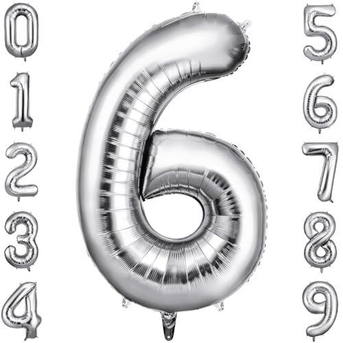 OFFCUP Geburtstag Zahlen Luftballon Silber, Geburtstagsdeko Ballons Zahl 6, Riesige Folienballon in 40" Helium Ballons für Männer Frauen Geburtstagsparty Deko, Jubiläum 6 Jahre Deko OFFCUP Geburtstag Zahlen Luftballon Silber, Geburtstagsdeko Ballons Zahl 6, Riesige Folienballon in 40" Helium Ballons für Männer Frauen Geburtstagsparty Deko, Jubiläum 6 Jahre Deko von OFFCUP
