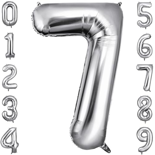 OFFCUP Geburtstag Zahlen Luftballon Silber, Geburtstagsdeko Ballons Zahl 7, Riesige Folienballon in 40" Helium Ballons für Männer Frauen Geburtstagsparty Deko, Jubiläum 7 Jahre Deko von OFFCUP