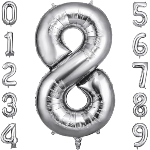 OFFCUP Geburtstag Zahlen Luftballon Silber, Geburtstagsdeko Ballons Zahl 8, Riesige Folienballon in 40" Helium Ballons für Männer Frauen Geburtstagsparty Deko, Jubiläum 8 Jahre Deko von OFFCUP