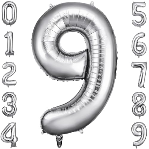 OFFCUP Geburtstag Zahlen Luftballon Silber, Geburtstagsdeko Ballons Zahl 9, Riesige Folienballon in 40" Helium Ballons für Männer Frauen Geburtstagsparty Deko, Jubiläum 9 Jahre Deko von OFFCUP
